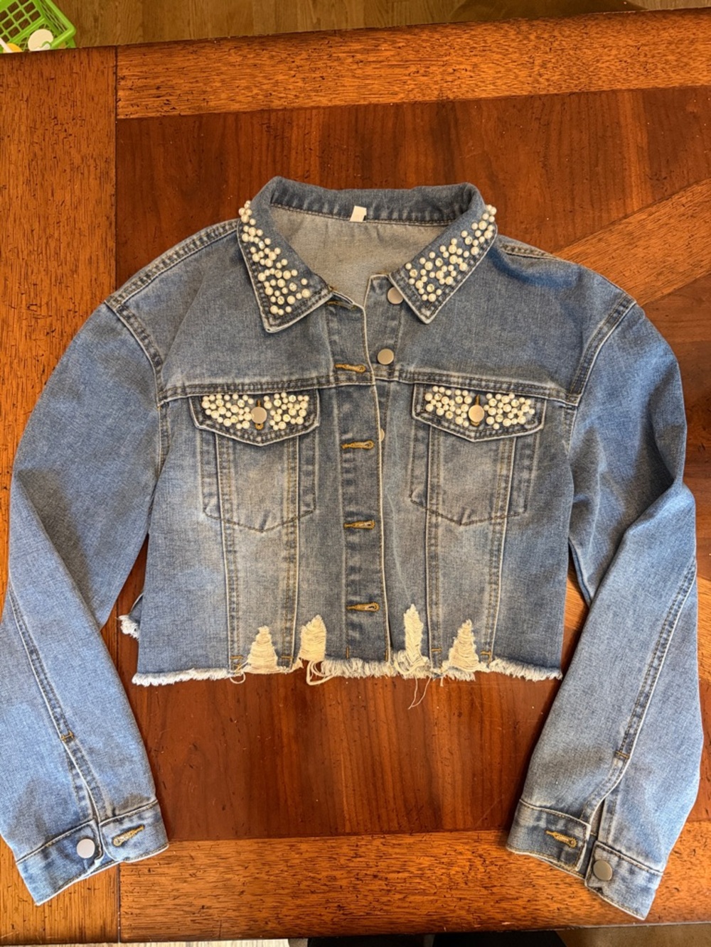 Cropped Light Blue Denim Jacket with Pearl Collar